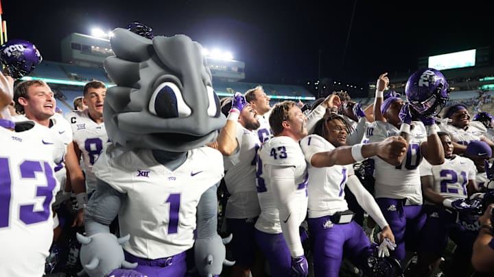Sep 1, 2025; Chapel Hill, North Carolina, USA; TCU Horned Frogs players celebrate after the game at Kenan Stadium. Mandatory Credit: Bob Donnan-Imagn Images