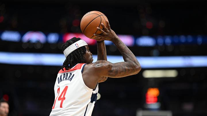 Oct 10, 2026; Washington, District of Columbia, USA;  Washington Wizards forward Felix Okpara (34) attempts a jump shot against the Detroit Pistons during the fourth quarter at Capital One Arena.  Mandatory Credit: Rafael Suanes-Imagn Images