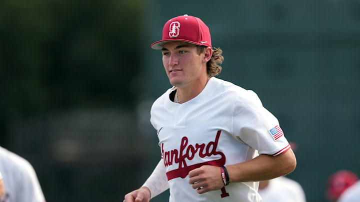 Feb 28, 2025; Stanford, CA, USA; Stanford Cardinal infielder JJ Moran (1) before the game against the Xavier Musketeers at Sunken Diamond. Mandatory Credit: Darren Yamashita-Imagn Images