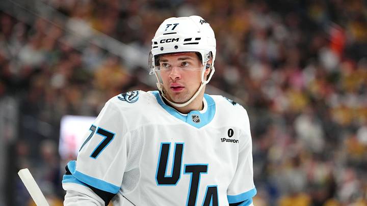Apr 19, 2026; Las Vegas, Nevada, USA; Utah Mammoth right wing JJ Peterka (77) awaits a face off against the Vegas Golden Knights during the second period of game one of the first round of the 2026 Stanley Cup Playoffs at T-Mobile Arena. Mandatory Credit: Stephen R. Sylvanie-Imagn Images