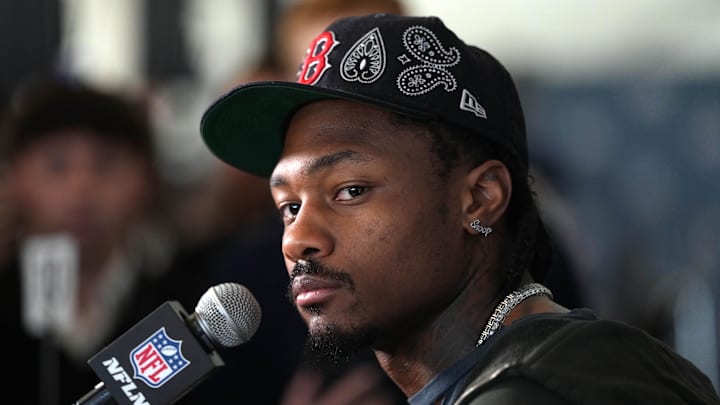 Feb 5, 2026; Santa Clara, CA, USA; New England Patriots wide receiver Stefon Diggs (8) talks to media members at the Santa Clara Marriott. Mandatory Credit: Darren Yamashita-Imagn Images