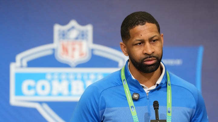 Feb 24, 2026; Indianapolis, IN, USA; Cleveland Browns general manager Andrew Berry speaks at the NFL Scouting Combine at the Indiana Convention Center. Mandatory Credit: Kirby Lee-Imagn Images