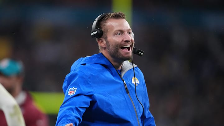 Oct 19, 2025; London, United Kingdom; Los Angeles Rams head coach Sean McVay reacts after a play against the Jacksonville Jaguars during the second half of an NFL International Series game at Wembley Stadium. Mandatory Credit: Kirby Lee-Imagn Images Oct 19, 2025; London, United Kingdom; Los Angeles Rams head coach Sean McVay reacts after a play against the Jacksonville Jaguars during the second half of an NFL International Series game at Wembley Stadium. Mandatory Credit: Kirby Lee-Imagn Images