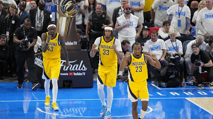 Jun 5, 2025; Oklahoma City, Oklahoma, USA; Indiana Pacers forward Pascal Siakam (43), center Myles Turner (33), and forward Aaron Nesmith (23) reacts after a play against the Oklahoma City Thunder during the fourth quarter in game one of the 2025 NBA Finals at Paycom Center. Mandatory Credit: Kyle Terada-Imagn Images Jun 5, 2025; Oklahoma City, Oklahoma, USA; Indiana Pacers forward Pascal Siakam (43), center Myles Turner (33), and forward Aaron Nesmith (23) reacts after a play against the Oklahoma City Thunder during the fourth quarter in game one of the 2025 NBA Finals at Paycom Center. Mandatory Credit: Kyle Terada-Imagn Images