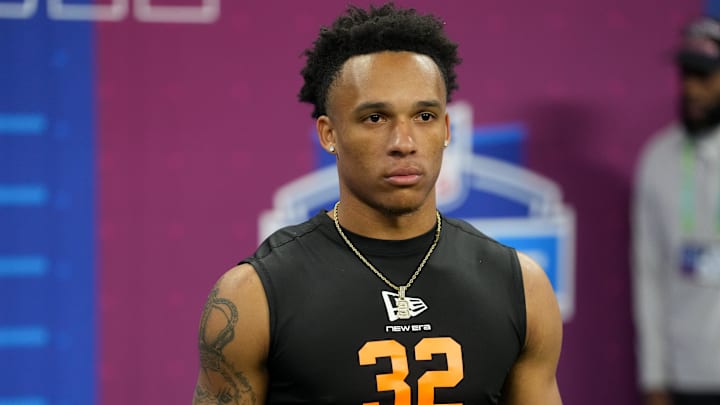 Feb 28, 2026; Indianapolis, IN, USA; Georgia Tech wideout Eric Rivers (WO32) during the NFL Scouting Combine at Lucas Oil Stadium. Mandatory Credit: Kirby Lee-Imagn Images