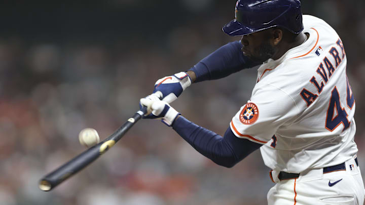 Apr 22, 2025; Houston, Texas, USA; Houston Astros designated hitter Yordan Alvarez (44) bats during the fifth inning against the Toronto Blue Jays at Daikin Park. Apr 22, 2025; Houston, Texas, USA; Houston Astros designated hitter Yordan Alvarez (44) bats during the fifth inning against the Toronto Blue Jays at Daikin Park.
