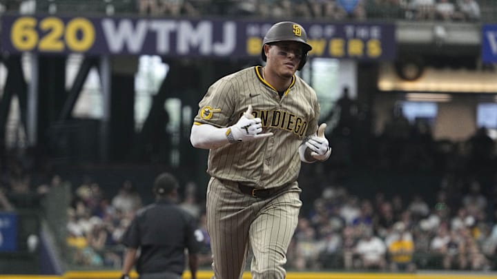 Jun 8, 2025; Milwaukee, Wisconsin, USA; San Diego Padres third base Manny Machado (13) rounds the bases after hitting a home run against the Milwaukee Brewers in the seventh inning at American Family Field. Mandatory Credit: Michael McLoone-Imagn Images Jun 8, 2025; Milwaukee, Wisconsin, USA; San Diego Padres third base Manny Machado (13) rounds the bases after hitting a home run against the Milwaukee Brewers in the seventh inning at American Family Field. Mandatory Credit: Michael McLoone-Imagn Images