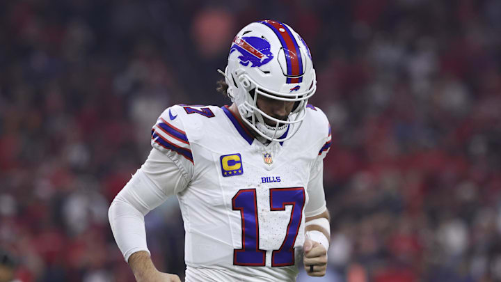 Nov 20, 2025; Houston, Texas, USA; Buffalo Bills quarterback Josh Allen (17) walks off the field after a play during the game against the Houston Texans at NRG Stadium. 