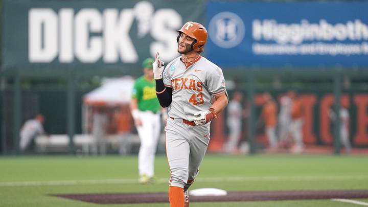 Jun 7, 2026; Austin, TX, USA; Texas Longhorns right fielder Aiden Robbins (43) reacts after hitting a homerun during the first inning of a Super Regional game against the Oregon Ducks at UFCU Disch-Falk field in Austin, Texas. Mandatory Credit: Scott Wachter-Imagn Images