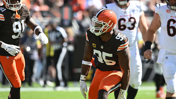 Sep 7, 2025; Cleveland, Ohio, USA; Cleveland Browns defensive end Myles Garrett (95) celebrates after a play during the second half against the Cincinnati Bengals at Huntington Bank Field. Mandatory Credit: Ken Blaze-Imagn Images