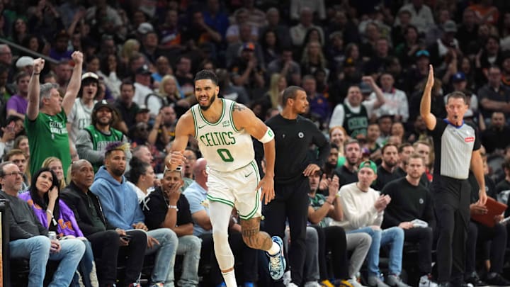 Mar 9, 2024; Phoenix, Arizona, USA; Boston Celtics forward Jayson Tatum (0) reacts after making a three point basket against the Phoenix Suns during the first half at Footprint Center. Mandatory Credit: Joe Camporeale-Imagn Images Mar 9, 2024; Phoenix, Arizona, USA; Boston Celtics forward Jayson Tatum (0) reacts after making a three point basket against the Phoenix Suns during the first half at Footprint Center. Mandatory Credit: Joe Camporeale-Imagn Images