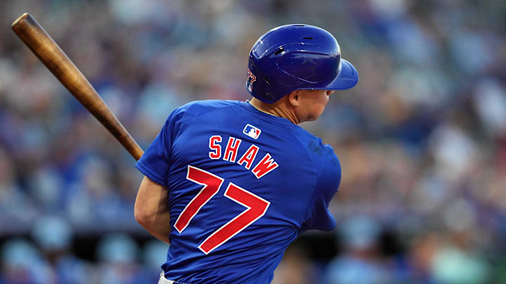 Chicago Cubs third baseman Matt Shaw (77) bats against the Kansas City Royals during the second inning at Surprise Stadium in 2024. Chicago Cubs third baseman Matt Shaw (77) bats against the Kansas City Royals during the second inning at Surprise Stadium in 2024.