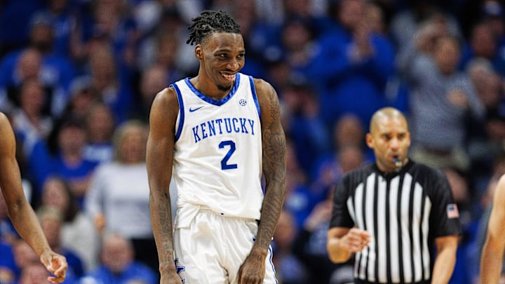 Mar 2, 2024; Lexington, Kentucky, USA; Kentucky Wildcats forward Aaron Bradshaw (2) smiles after a