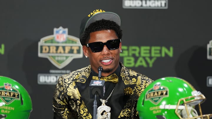 Matthew Golden speaks in a press conference after being selected by the Green Bay Packers as the number 23 pick in the first round of the 2025 NFL Draft.