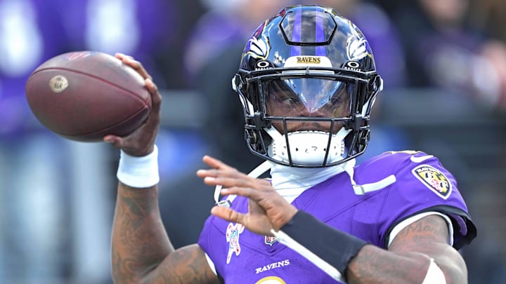 Dec 21, 2024; Baltimore, Maryland, USA; Baltimore Ravens quarterback Lamar Jackson (8) warms up prior to the game against the Pittsburgh Steelers at M&T Bank Stadium. Dec 21, 2024; Baltimore, Maryland, USA; Baltimore Ravens quarterback Lamar Jackson (8) warms up prior to the game against the Pittsburgh Steelers at M&T Bank Stadium.