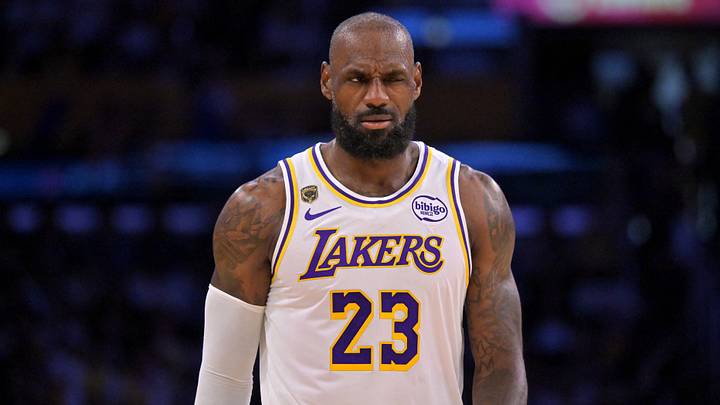 Los Angeles Lakers forward LeBron James (23) reacts after a foul in game three of the second round of the 2026 NBA Playoffs against the Oklahoma City Thunder at Crypto.com Arena on May 9, 2026.