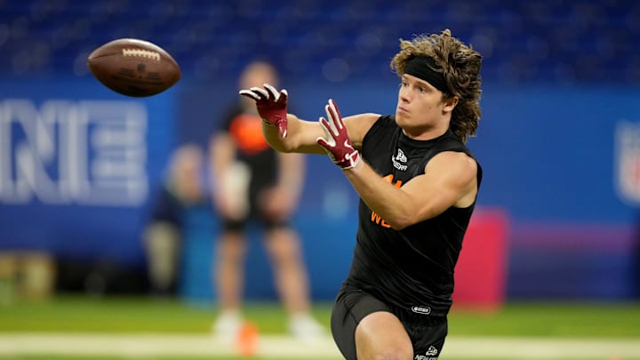 Mar 1, 2025; Indianapolis, IN, USA; Arkansas wideout Isaac Teslaa (WO41) during the 2025 NFL Combine at Lucas Oil Stadium. Mandatory Credit: Kirby Lee-Imagn Images