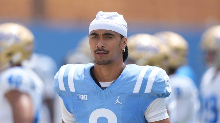 UCLA Bruins quarterback Nico Iamaleava (9) reacts during the spring game at Rose Bowl. UCLA Bruins quarterback Nico Iamaleava (9) reacts during the spring game at Rose Bowl.