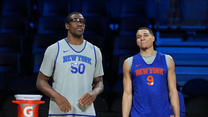 Dec 12, 2025; Las Vegas, NV, USA; New York Knicks forward Trey Jemison III (50) and guard Kevin McCullar Jr. (9) during practice prior to the Emirates Cup semifinals at T-Mobile Arena. Mandatory Credit: Kirby Lee-Imagn Images Dec 12, 2025; Las Vegas, NV, USA; New York Knicks forward Trey Jemison III (50) and guard Kevin McCullar Jr. (9) during practice prior to the Emirates Cup semifinals at T-Mobile Arena. Mandatory Credit: Kirby Lee-Imagn Images