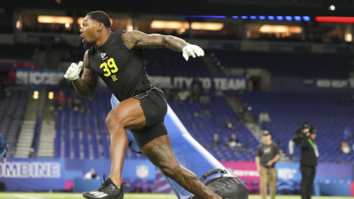 Feb 26, 2026; Indianapolis, IN, USA; Florida Gators defensive lineman George Gumbs (DL39) during the NFL Scouting Combine  at Lucas Oil Stadium. Mandatory Credit: Kirby Lee-Imagn Images