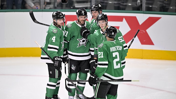 Oct 28, 2025; Dallas, Texas, USA; Dallas Stars defenseman Miro Heiskanen (4) and center Tyler Seguin (91) and right wing Mikko Rantanen (96) and center Wyatt Johnston (53) and left wing Jason Robertson (21) celebrates a power play goal scored by Seguin against the Washington Capitals during the second period at the American Airlines Center. Mandatory Credit: Jerome Miron-Imagn Images