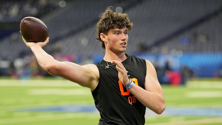 Feb 28, 2026; Indianapolis, IN, USA; Penn State quarterback Drew Allar (QB02) during the NFL Scouting Combine at Lucas Oil Stadium. Mandatory Credit: Kirby Lee-Imagn Images Feb 28, 2026; Indianapolis, IN, USA; Penn State quarterback Drew Allar (QB02) during the NFL Scouting Combine at Lucas Oil Stadium. Mandatory Credit: Kirby Lee-Imagn Images