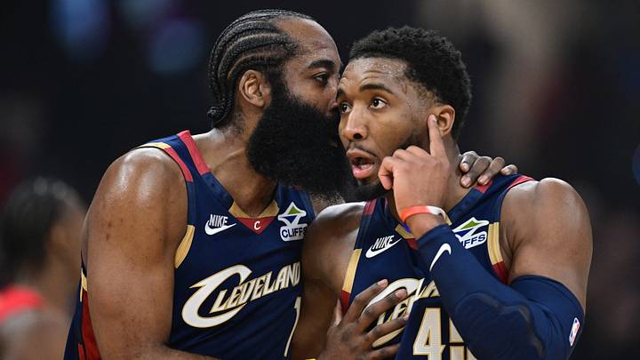 Apr 20, 2026; Cleveland, Ohio, USA; Cleveland Cavaliers guard Donovan Mitchell (45) talks with guard James Harden (1) during the first half during game two of the first round of the 2026 NBA Playoffs against the Toronto Raptors at Rocket Arena. Mandatory Credit: David Dermer-Imagn Images Apr 20, 2026; Cleveland, Ohio, USA; Cleveland Cavaliers guard Donovan Mitchell (45) talks with guard James Harden (1) during the first half during game two of the first round of the 2026 NBA Playoffs against the Toronto Raptors at Rocket Arena. Mandatory Credit: David Dermer-Imagn Images