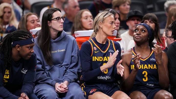 Indiana Fever forward Myisha Hines-Allen (2), Indiana Fever guard Caitlin Clark (22), Indiana Fever guard Sophie Cunningham (8) and Indiana Fever guard Raven Johnson (3) sit on the bench Saturday, June 27, 2026, during the first half of a game at Gainbridge Fieldhouse in Indianapolis. Indiana Fever forward Myisha Hines-Allen (2), Indiana Fever guard Caitlin Clark (22), Indiana Fever guard Sophie Cunningham (8) and Indiana Fever guard Raven Johnson (3) sit on the bench Saturday, June 27, 2026, during the first half of a game at Gainbridge Fieldhouse in Indianapolis.