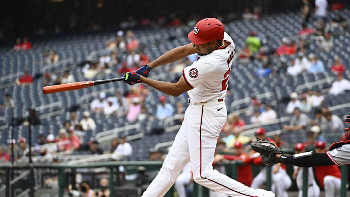 Jul 23, 2025; Washington, District of Columbia, USA; Washington Nationals left fielder James Wood (29) singles against the Cincinnati Reds during the first inning at Nationals Park. Jul 23, 2025; Washington, District of Columbia, USA; Washington Nationals left fielder James Wood (29) singles against the Cincinnati Reds during the first inning at Nationals Park.