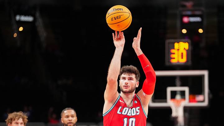 New Mexico Lobos forward Tomislav Buljan (10) shoots a free throw against the Mississippi State Bulldogs during the first half of the game at T-Mobile Center. New Mexico Lobos forward Tomislav Buljan (10) shoots a free throw against the Mississippi State Bulldogs during the first half of the game at T-Mobile Center.