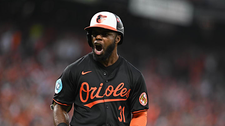 Baltimore Orioles outfielder Cedric Mullins (31) celebrates a solo home run against the Kansas City Royals in the fifth inning in game two of the Wild Card round for the 2024 MLB Playoffs at Oriole Park at Camden Yards. Baltimore Orioles outfielder Cedric Mullins (31) celebrates a solo home run against the Kansas City Royals in the fifth inning in game two of the Wild Card round for the 2024 MLB Playoffs at Oriole Park at Camden Yards.