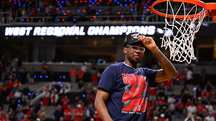 Mar 28, 2026; San Jose, CA, USA; Arizona Wildcats guard Bryce James (6) holds up a piece of the net after an Elite Eight game against the Purdue Boilermakers of the West Regional of the men's 2026 NCAA Tournament at SAP Center. Mandatory Credit: Eakin Howard-Imagn Images Mar 28, 2026; San Jose, CA, USA; Arizona Wildcats guard Bryce James (6) holds up a piece of the net after an Elite Eight game against the Purdue Boilermakers of the West Regional of the men's 2026 NCAA Tournament at SAP Center. Mandatory Credit: Eakin Howard-Imagn Images
