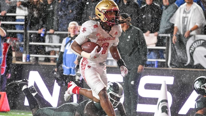 Sep 21, 2024; Chestnut Hill, Massachusetts, USA; Boston College Eagles running back Treshaun Ward (0) runs in for a touchdown against the Michigan State Spartans during the second half at Alumni Stadium. Mandatory Credit: Eric Canha-Imagn Images Sep 21, 2024; Chestnut Hill, Massachusetts, USA; Boston College Eagles running back Treshaun Ward (0) runs in for a touchdown against the Michigan State Spartans during the second half at Alumni Stadium. Mandatory Credit: Eric Canha-Imagn Images