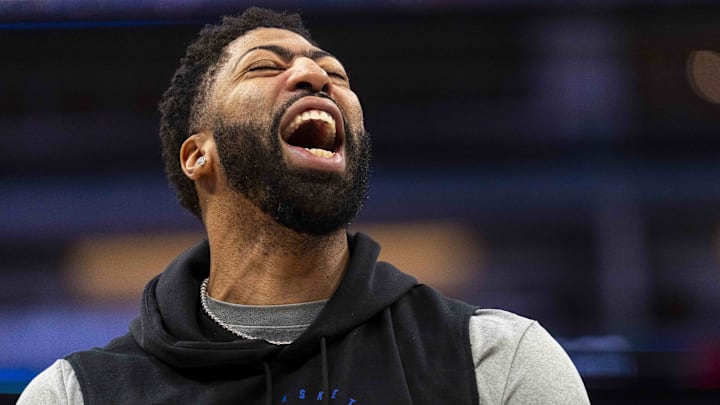 Jan 6, 2026; Sacramento, California, USA; Dallas Mavericks forward Anthony Davis (3) yells during warmups before the start of the game against the Sacramento Kings at the Golden 1 Center. Mandatory Credit: Cary Edmondson-Imagn Images