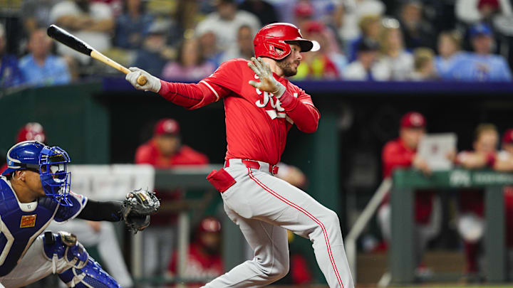 May 28, 2025; Kansas City, Missouri, USA; Cincinnati Reds left fielder Gavin Lux (2) bats against the Kansas City Royals at Kauffman Stadium. Mandatory Credit: Jay Biggerstaff-Imagn Images May 28, 2025; Kansas City, Missouri, USA; Cincinnati Reds left fielder Gavin Lux (2) bats against the Kansas City Royals at Kauffman Stadium. Mandatory Credit: Jay Biggerstaff-Imagn Images