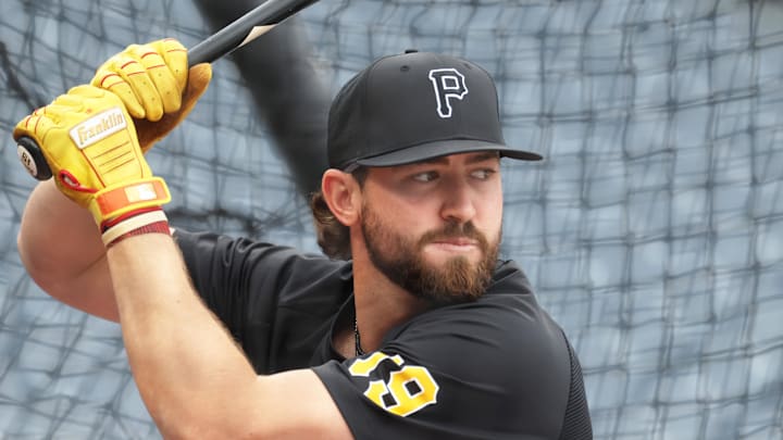 Apr 3, 2026; Pittsburgh, Pennsylvania, USA;  Pittsburgh Pirates third baseman Jared Triolo (19) in the batting cage before the game against  the Baltimore Orioles at PNC Park. Mandatory Credit: Charles LeClaire-Imagn Images