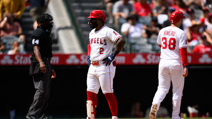 Sep 28, 2025; Anaheim, California, USA; Los Angeles Angels third baseman Luis Rengifo (2) reacts after striking out with the bases loaded during the second inning against the Houston Astros at Angel Stadium. Mandatory Credit: William Liang-Imagn Images Sep 28, 2025; Anaheim, California, USA; Los Angeles Angels third baseman Luis Rengifo (2) reacts after striking out with the bases loaded during the second inning against the Houston Astros at Angel Stadium. Mandatory Credit: William Liang-Imagn Images