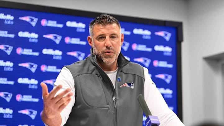 New England Patriots head coach Mike Vrabel speaks the to media during a press conference at Gillette Stadium. Mandatory Credit: Eric Canha-Imagn Images