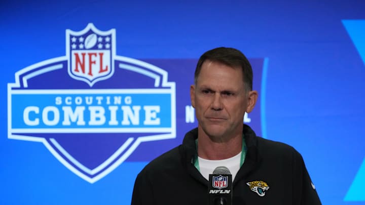Feb 27, 2024; Indianapolis, IN, USA; Jacksonville Jaguars general manager Trent Baalke speaks at a