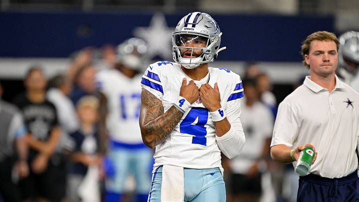 Dallas Cowboys quarterback Dak Prescott (4) looks on before the game between the Cowboys and the Saints at AT&T Stadium. Mandatory Credit: Jerome Miron-Imagn Images Dallas Cowboys quarterback Dak Prescott (4) looks on before the game between the Cowboys and the Saints at AT&T Stadium. Mandatory Credit: Jerome Miron-Imagn Images