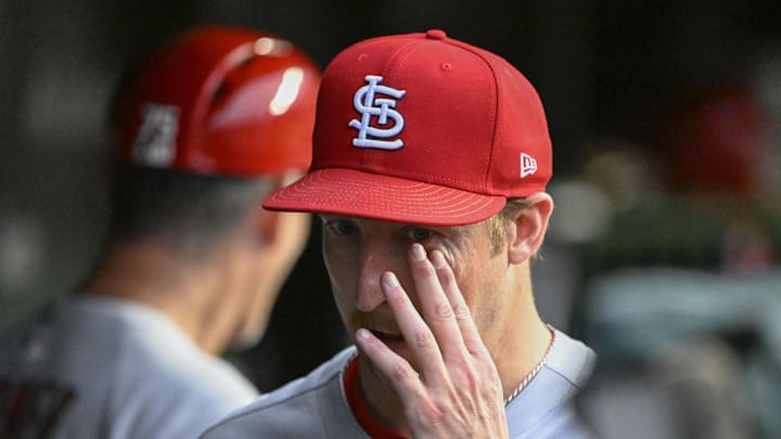 Jul 6, 2025; Chicago, Illinois, USA;  St. Louis Cardinals pitcher Erick Fedde (12) in the dugout after being relieved  during the third inning against the Chicago Cubs at Wrigley Field. Mandatory Credit: Matt Marton-Imagn Images