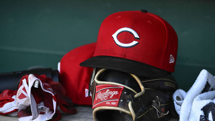 Jul 22, 2025; Washington, District of Columbia, USA; General view of Cincinnati Reds hat during the game against the Washington Nationals at Nationals Park. Mandatory Credit: Brad Mills-Imagn Images