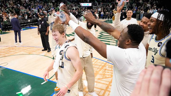 Apr 10, 2026; Milwaukee, Wisconsin, USA; Milwaukee Bucks guard AJ Green (20) is doused with water following the game against the Brooklyn Nets at Fiserv Forum. Mandatory Credit: Jeff Hanisch-Imagn Images Apr 10, 2026; Milwaukee, Wisconsin, USA; Milwaukee Bucks guard AJ Green (20) is doused with water following the game against the Brooklyn Nets at Fiserv Forum. Mandatory Credit: Jeff Hanisch-Imagn Images