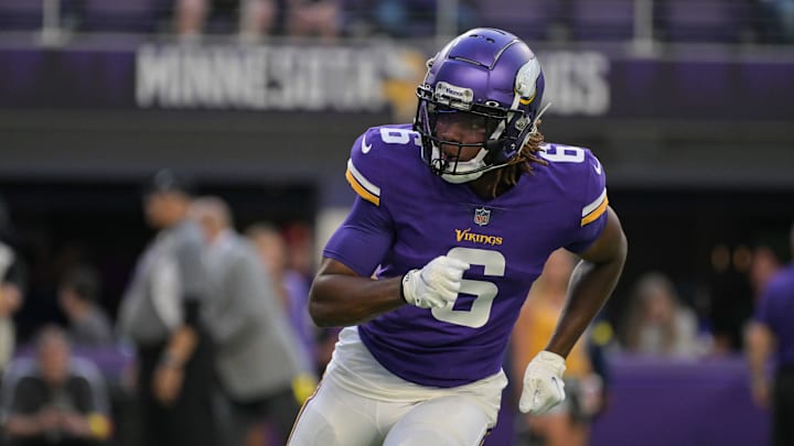 Aug 20, 2022; Minneapolis, Minnesota, USA; Minnesota Vikings safety Lewis Cine (6) warms up before the game against the San Francisco 49ers at U.S. Bank Stadium. Mandatory Credit: Jeffrey Becker-Imagn Images