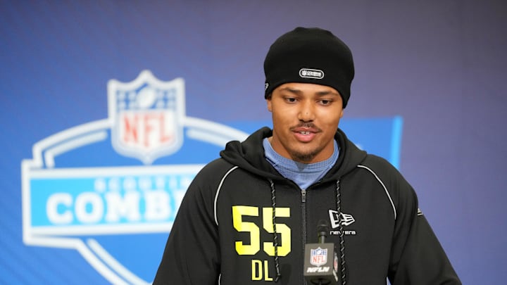 Feb 25, 2026; Indianapolis, IN, USA; Clemson defensive lineman TJ Parker (DL55) speaks during the NFL Scouting Combine at the Indiana Convention Center. Mandatory Credit: Kirby Lee-Imagn Images