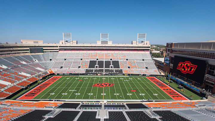 Oct 5, 2024; Stillwater, Oklahoma, USA; An overall view of Boone Pickens Stadium before a game between the Oklahoma State Cowboys and the West Virginia Mountaineers. Mandatory Credit: William Purnell-Imagn Images