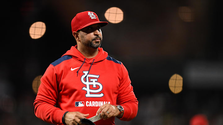 Sep 23, 2025; San Francisco, California, USA; St. Louis Cardinals manager Oliver Marmol walks back to the dugout after a pitching change against the San Francisco Giants during the third inning at Oracle Park. Mandatory Credit: Eakin Howard-Imagn Images