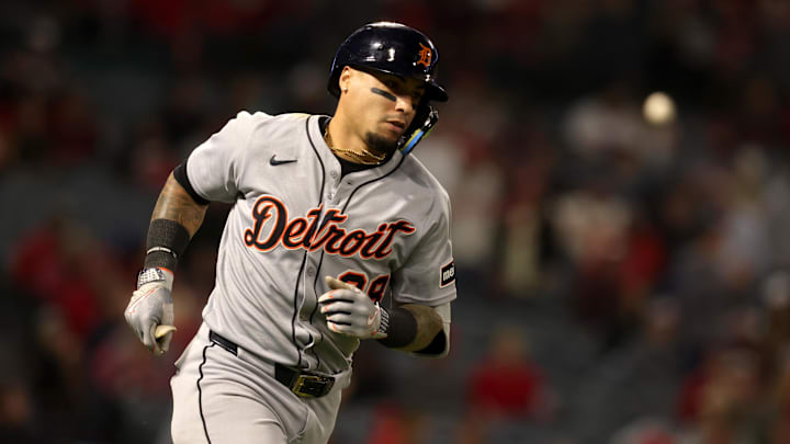 May 2, 2025; Anaheim, California, USA; Detroit Tigers third baseman Javier Baez (28) runs the bases after hitting a home run during the ninth inning against the Los Angeles Angels at Angel Stadium. 
