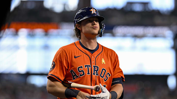 Sep 7, 2025; Arlington, Texas, USA; Houston Astros center fielder Jake Meyers (6) walks to the on-deck circle during the game between the Texas Rangers and the Houston Astros at Globe Life Field. Mandatory Credit: Jerome Miron-Imagn Images