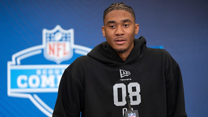 Arkansas quarterback Taylen Green (QB08) speaks to members of the media during the NFL Combine at the Indiana Convention Center.
